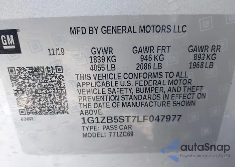 2020 Chevrolet Malibu Fwd Ls z USA, uszkodzony, nr VIN 1G1ZB5ST7LF047977